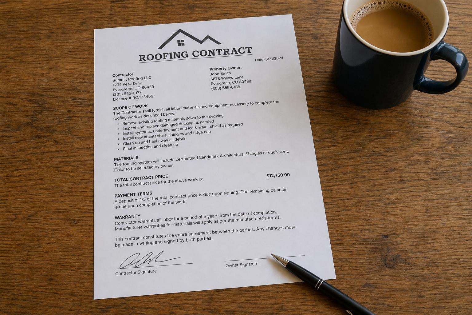 AOB roofing contract trap Rapid City SD Close-up of an Assignment of Benefits roofing contract on a Rapid City SD homeowner kitchen table with the signature line waiting and a hesitating hand above the pen