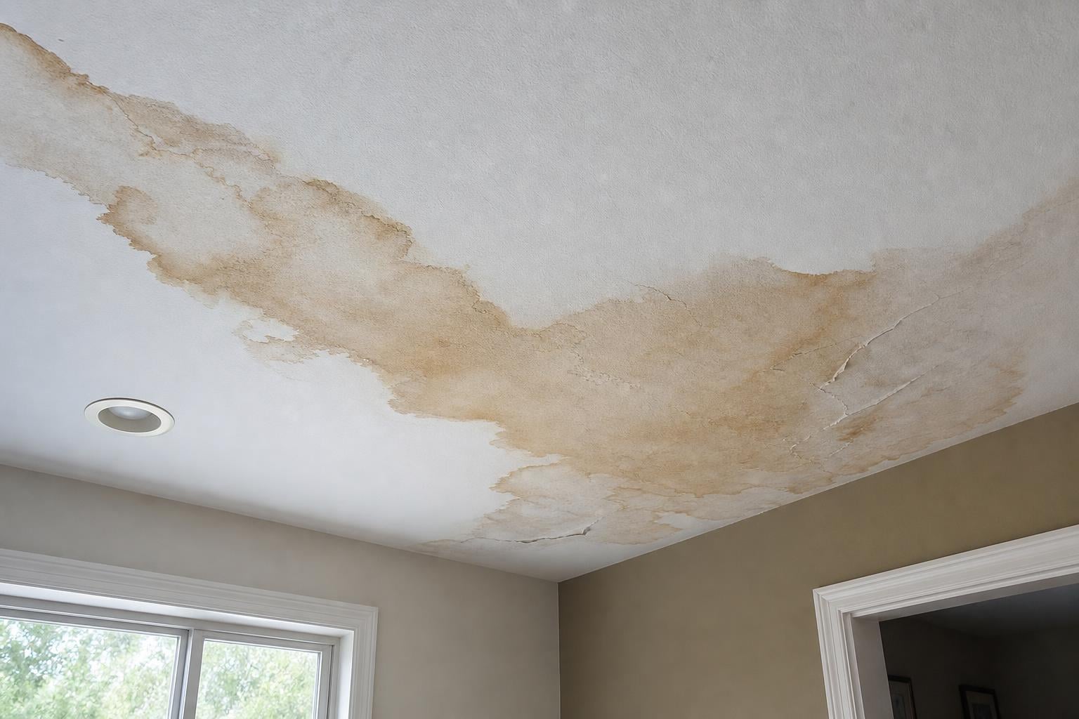 Brown-yellow water stain spreading across a residential ceiling in a Rapid City SD home indicating a roof leak