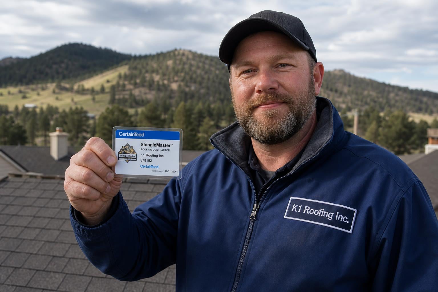 K1 Roofing Inc. contractor on a finished Class 4 asphalt-shingle roof in Rapid City SD holding a CertainTeed ShingleMaster certification card
