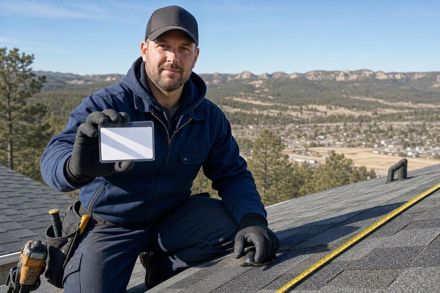 Manufacturer certified roofing contractor Rapid City SD Certified roofing contractor on a Rapid City SD asphalt-shingle roof holding a manufacturer credential card showing CertainTeed ShingleMaster style certification