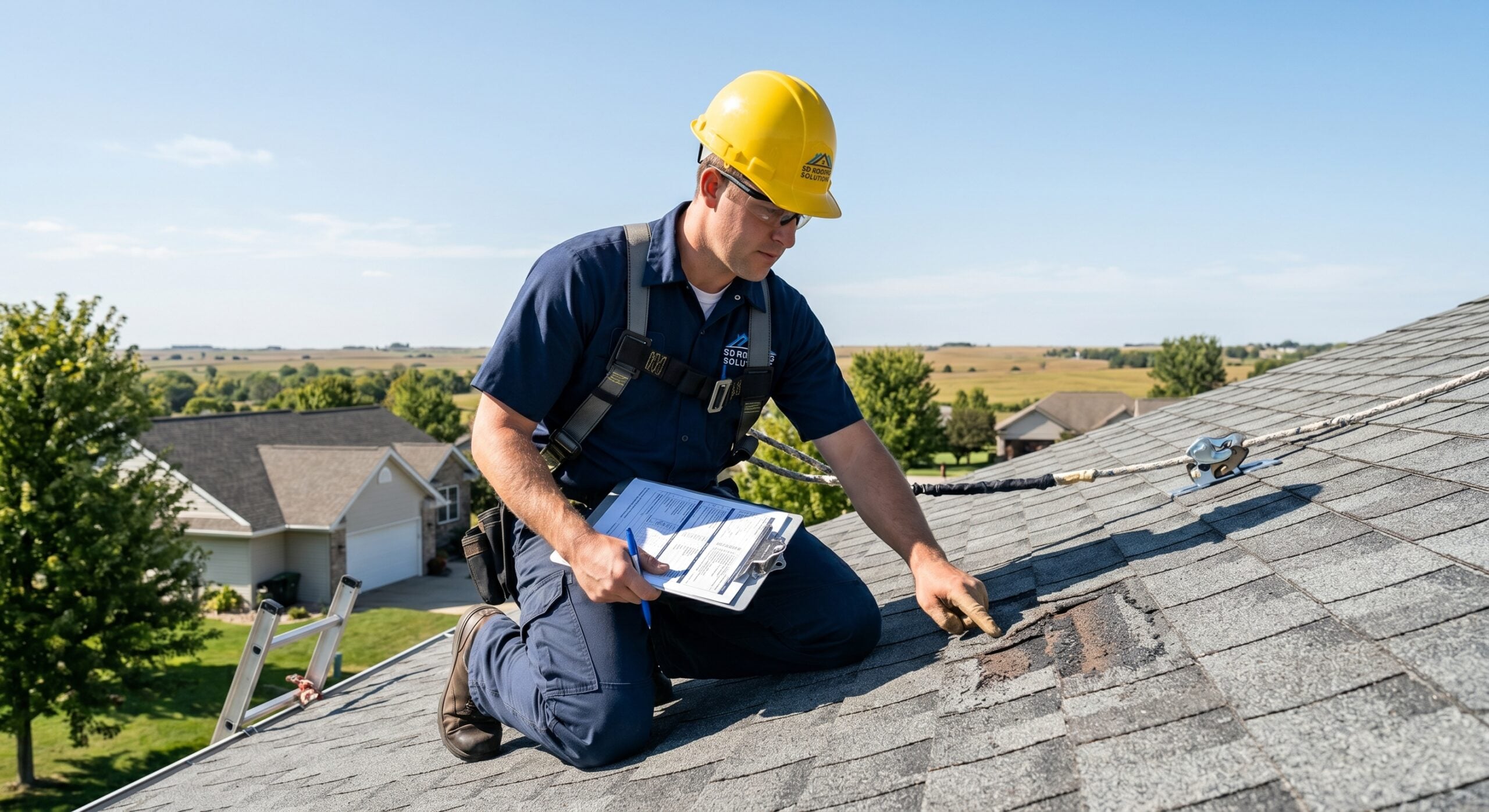 Professional Roof Inspection by K1 Roofing - CertainTeed ShingleMaster Certified CertainTeed certified roofing contractor inspecting asphalt shingles on residential roof in Rapid City South Dakota
