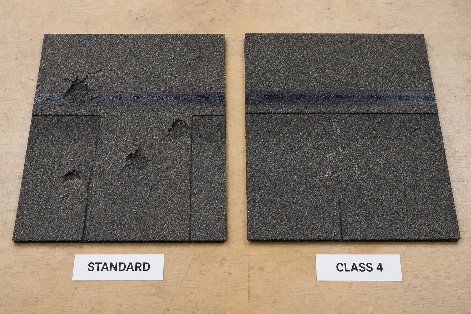 Side-by-side comparison of a standard architectural asphalt shingle with hail impact damage next to a Class 4 impact-resistant shingle with only superficial marks
