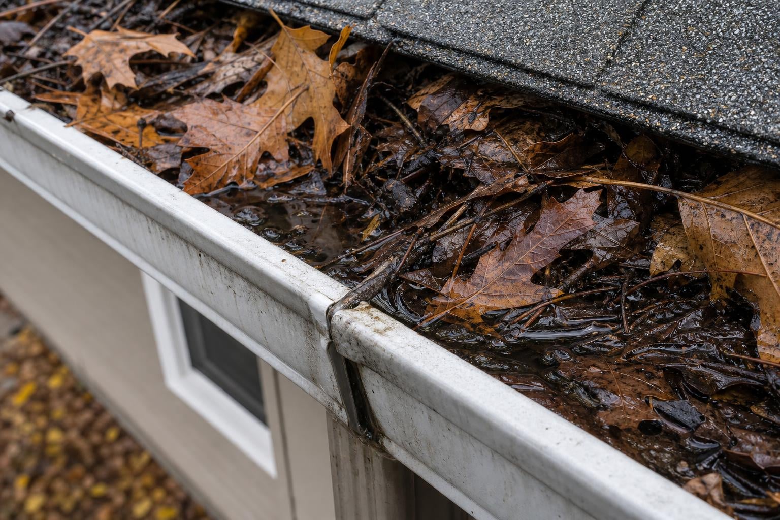 Clogged gutters with leaves and debris Rapid City SD Residential aluminum gutter overflowing with wet autumn leaves twigs and debris with water pooling at the seam below an asphalt-shingle roof in Rapid City SD