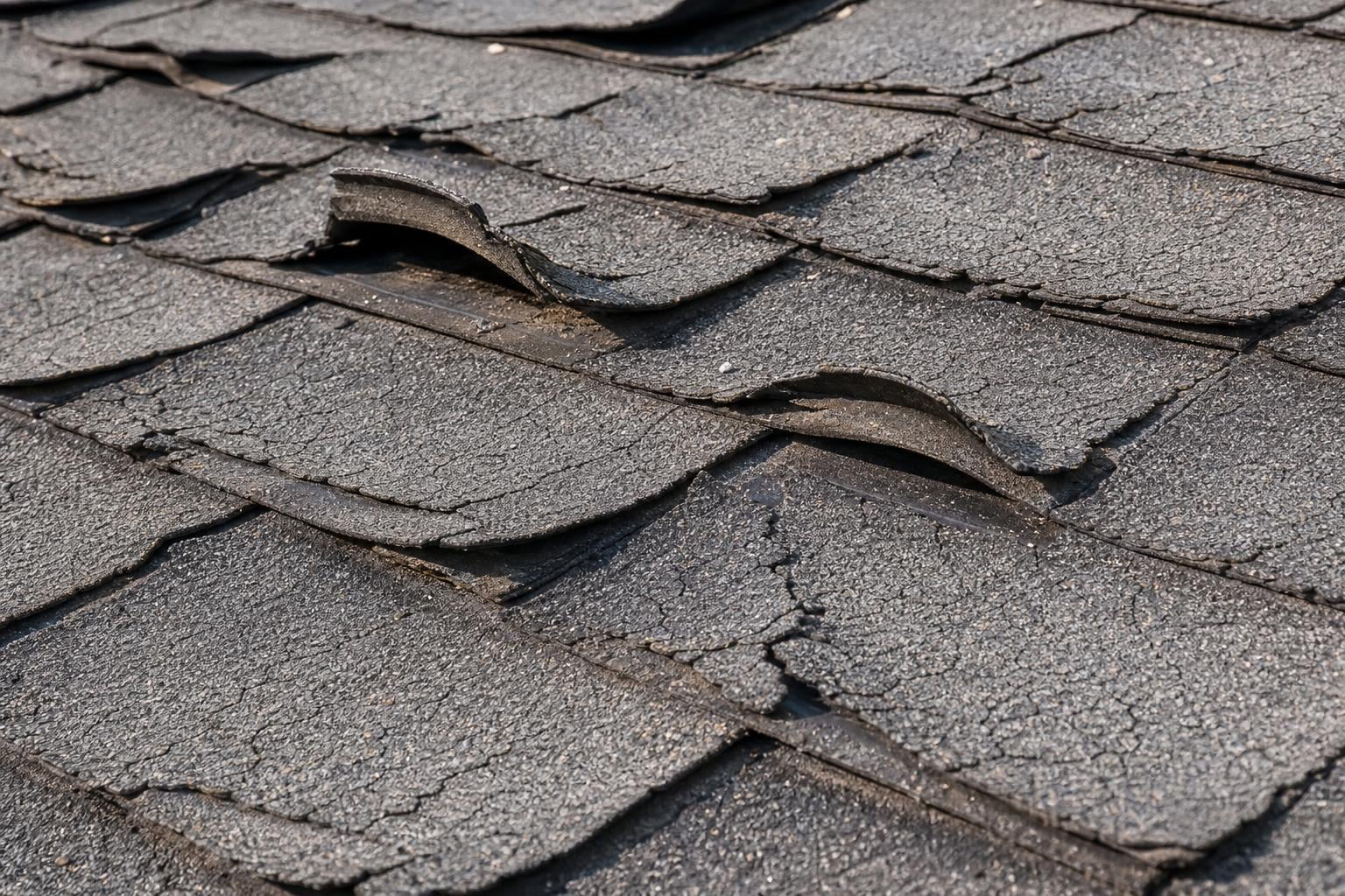 Aged residential asphalt-shingle roof in Rapid City SD showing severely curled cupped and cracked shingles from UV degradation