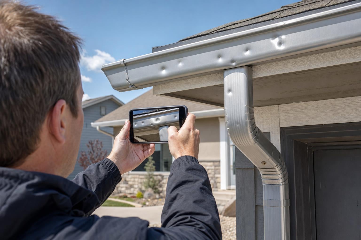 Documenting hail damage to gutters Rapid City SD Homeowner photographing hail-dented gutter for a roof insurance claim in Rapid City SD
