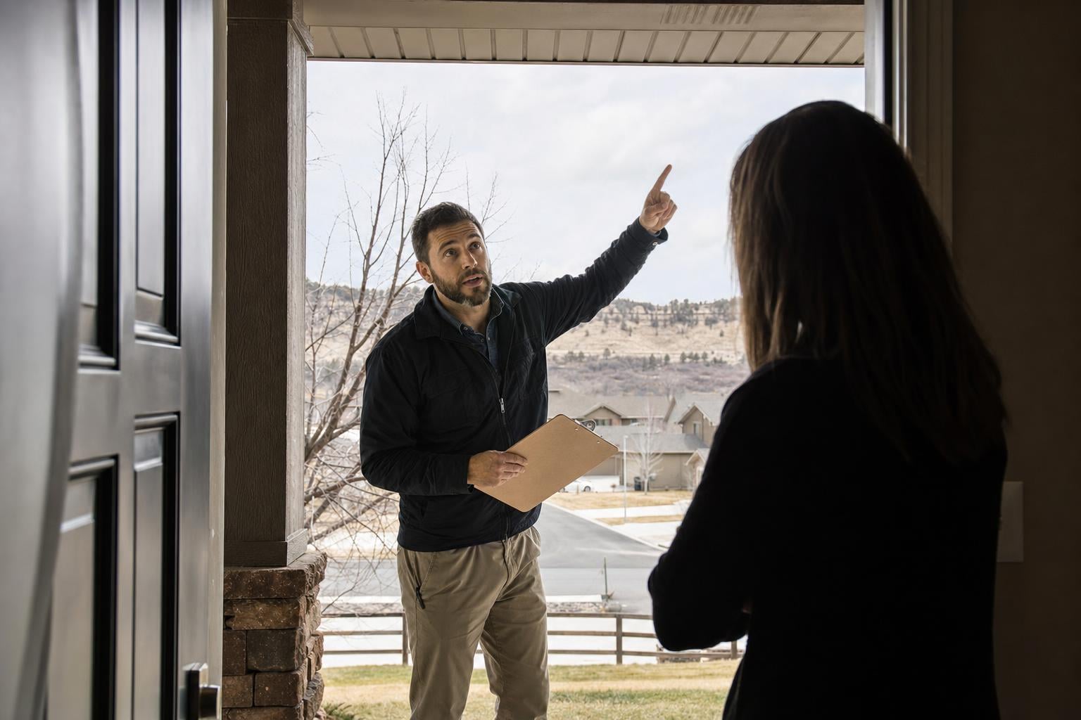 Storm chaser door-to-door tactics Rapid City SD Storm chaser roofer in plain unbranded jacket pressuring a Rapid City SD homeowner at the front door with a generic clipboard and pointing at the roof