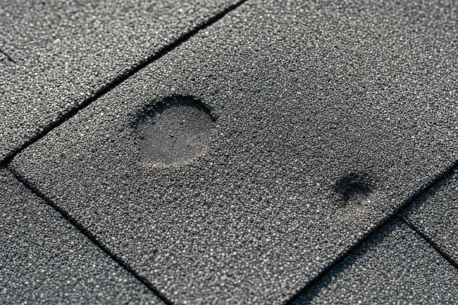 Hail damage signs on asphalt shingle Close-up of asphalt shingle showing hail impact damage and granule loss