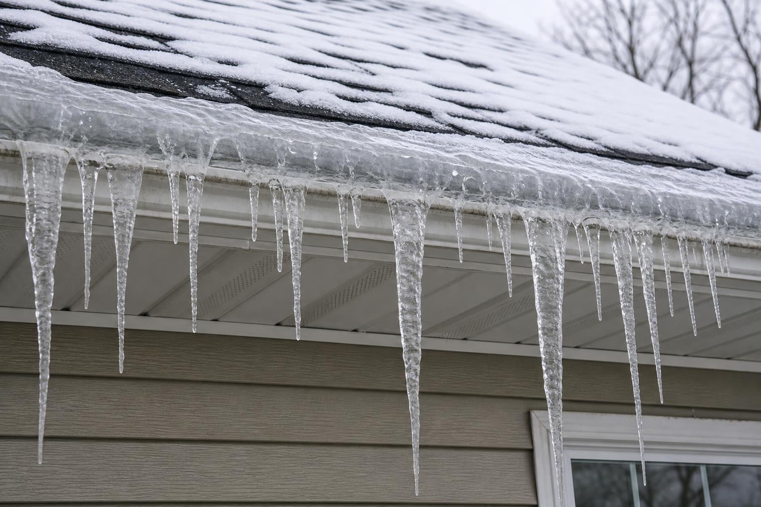 Ice dam on residential roof eave winter Rapid City SD Thick ice dam formed along the gutter line of a residential roof eave in Rapid City SD winter with large icicles hanging from the edge and snow on the upper asphalt-shingle roof