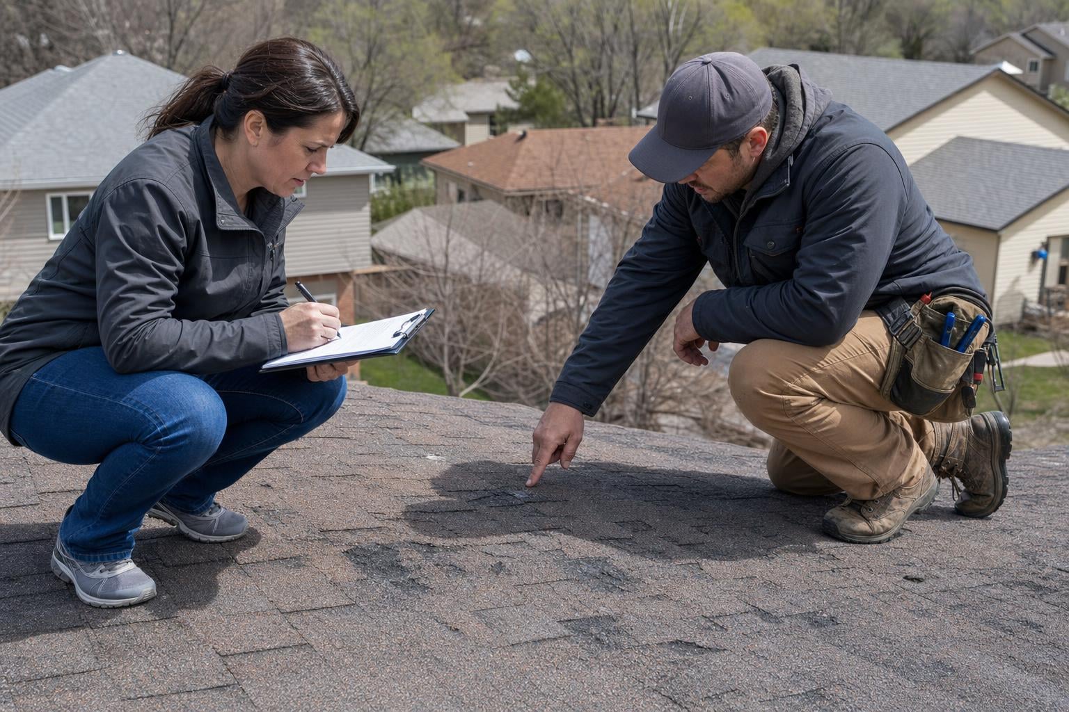 Insurance adjuster roof inspection with contractor Rapid City SD Insurance adjuster and local contractor inspecting a hail-damaged roof together in Rapid City SD