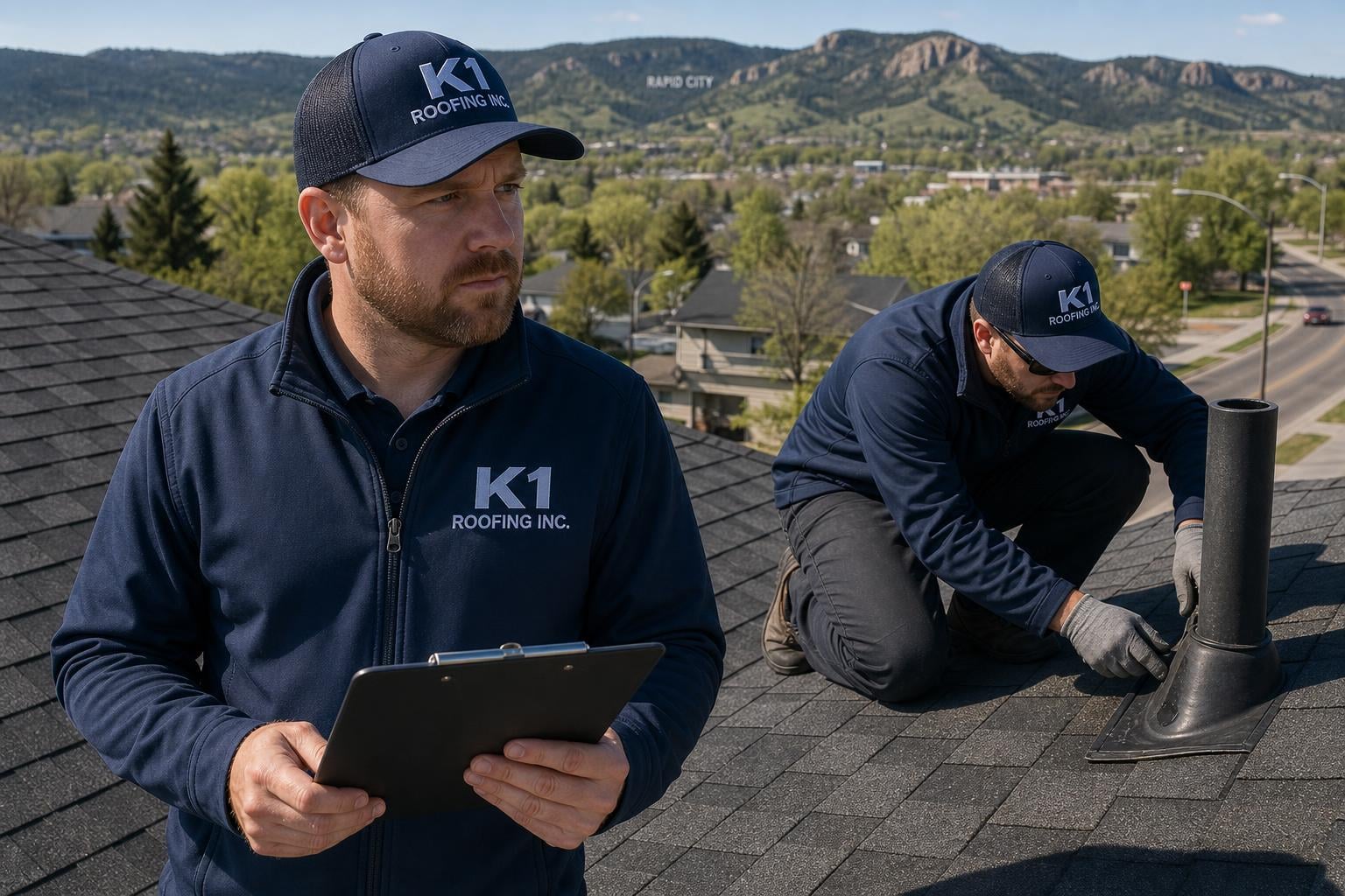 K1 Roofing Inc. crew performing roof maintenance Rapid City SD Two K1 Roofing Inc. crew members in branded workwear performing a maintenance check on a Rapid City SD residential asphalt-shingle roof, lead with clipboard and embroidered K1 Roofing Inc. chest patch, second inspecting flashing at a roof penetration