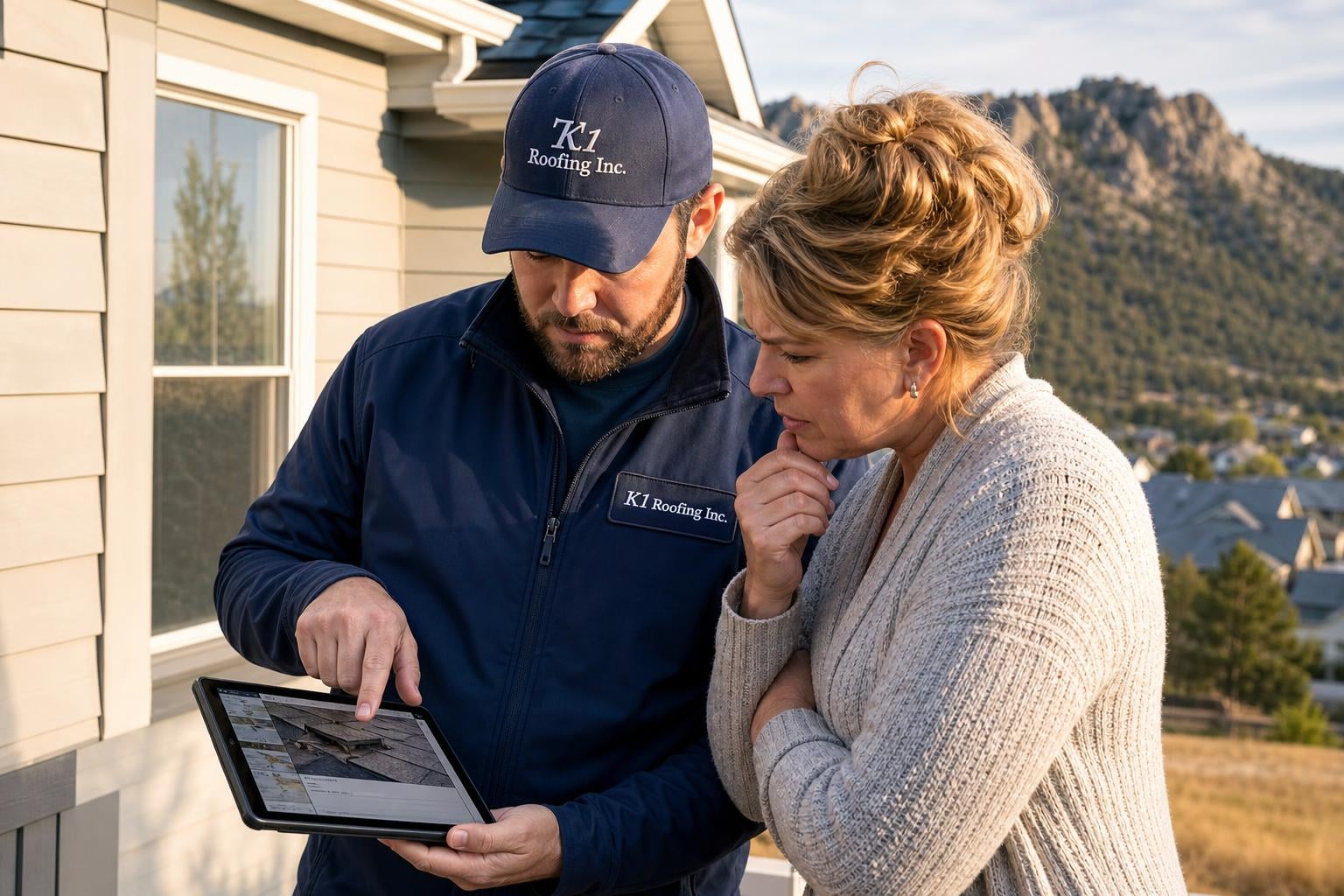 K1 Roofing Inc. inspector in branded workwear showing a Rapid City SD homeowner photos of roof issues on a tablet during a written inspection