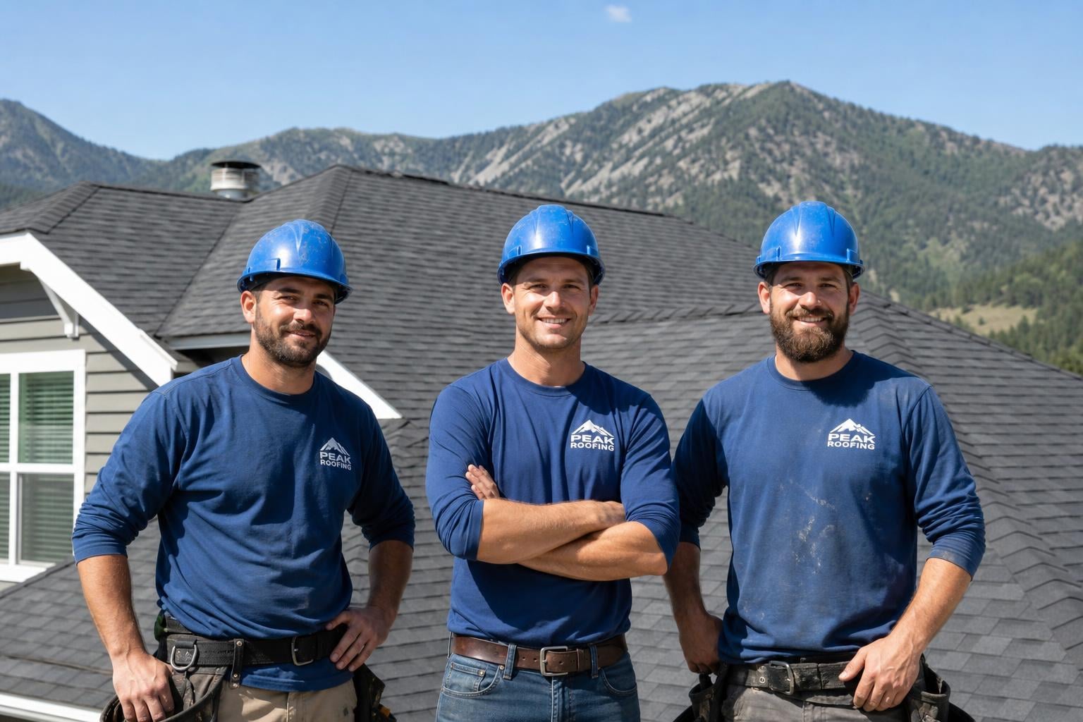 Local Rapid City SD roofing team vs storm chasers Local Rapid City SD roofing crew in branded workwear standing in front of a completed asphalt-shingle residential roof job with Black Hills foothills behind