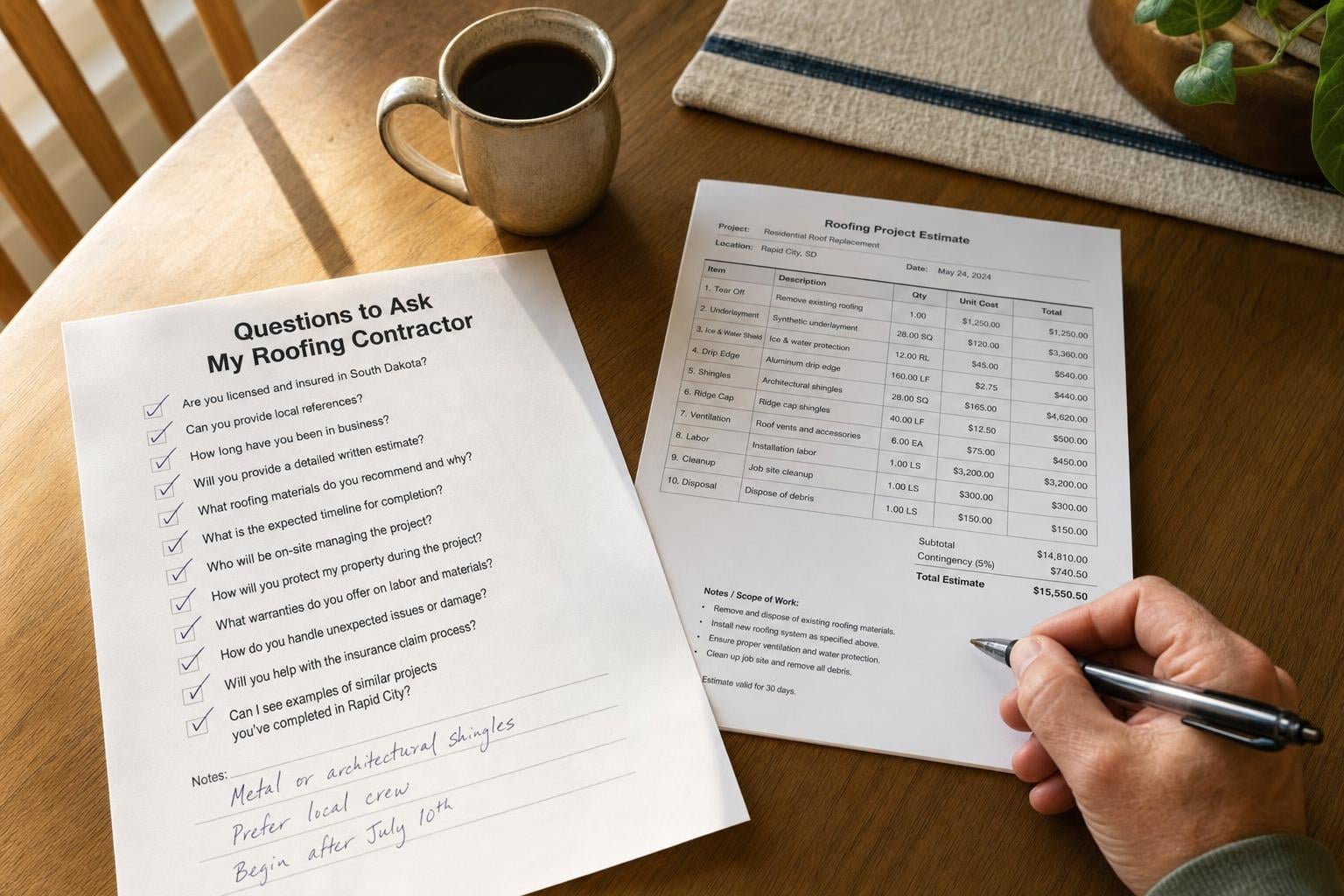 Questions to ask a roofing contractor checklist Rapid City SD Rapid City SD homeowner reviewing a printed Questions to Ask My Roofing Contractor checklist alongside a written contractor estimate at the kitchen table