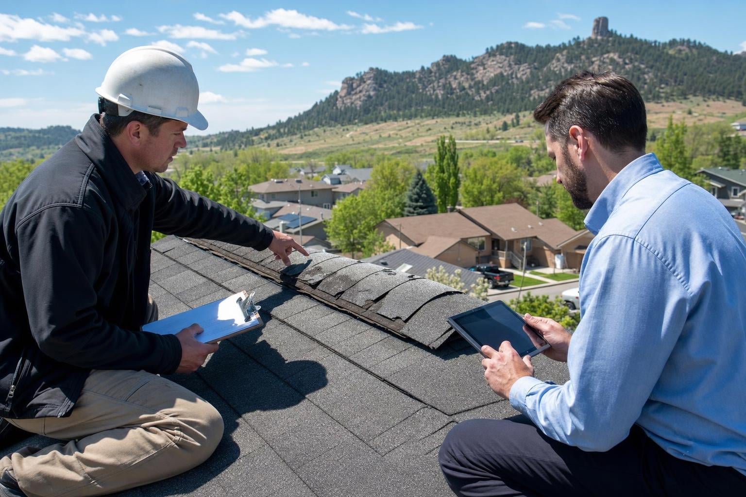 Roofing contractor at insurance adjuster meeting Rapid City SD Rapid City SD roofing contractor with clipboard pointing out hail-damaged ridge cap to an insurance adjuster during a roof inspection meeting