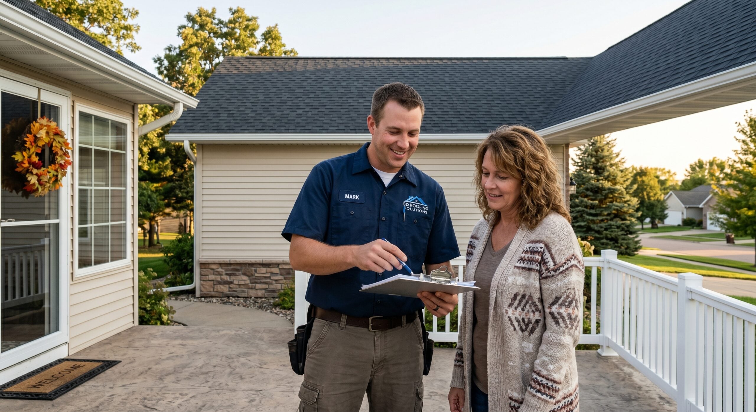 Roof Insurance Claim Process - Working with a Rapid City Roofing Contractor Homeowner reviewing roof insurance claim paperwork with roofing contractor on front porch of South Dakota home
