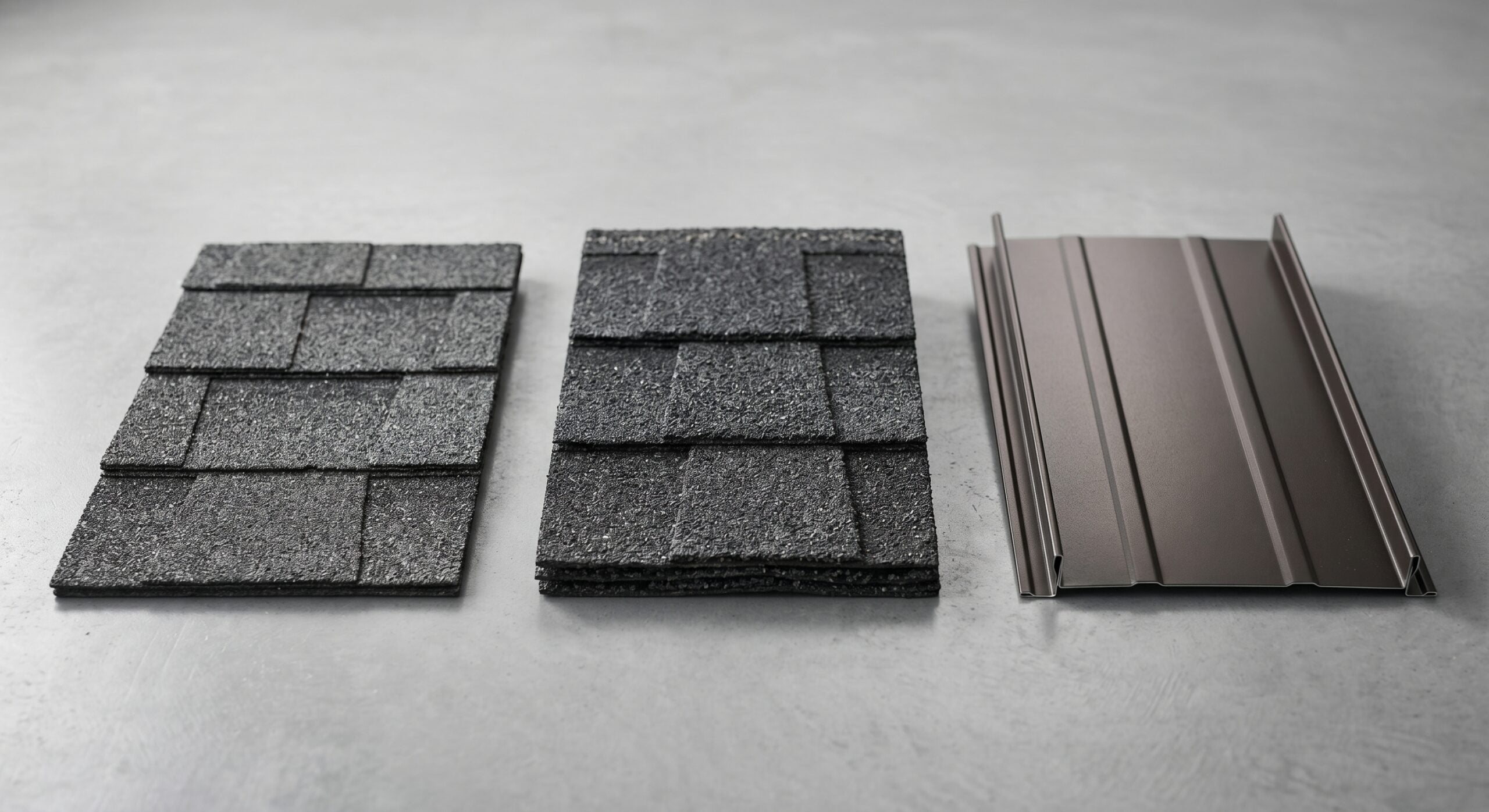 Roofing Material Comparison for South Dakota Climate - Asphalt vs Metal Side by side comparison of three roofing materials for South Dakota homes including architectural asphalt shingles Class 4 impact resistant shingles and standing seam metal
