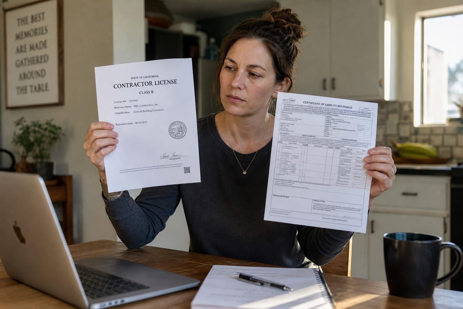 Verifying a SD roofing contractor license Rapid City Rapid City SD homeowner verifying a roofing contractor by reviewing the South Dakota contractor license document and certificate of insurance at a kitchen table