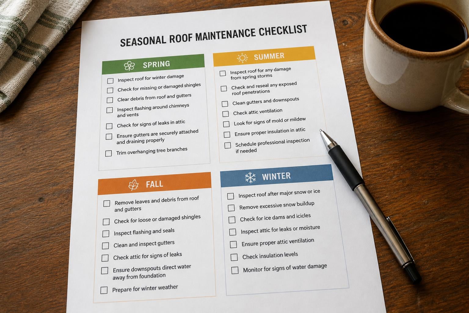 Seasonal roof maintenance checklist document Rapid City SD Printed seasonal roof maintenance checklist on a kitchen table divided into Spring Summer Fall Winter sections with checkboxes a pen and coffee mug for Rapid City SD homeowners