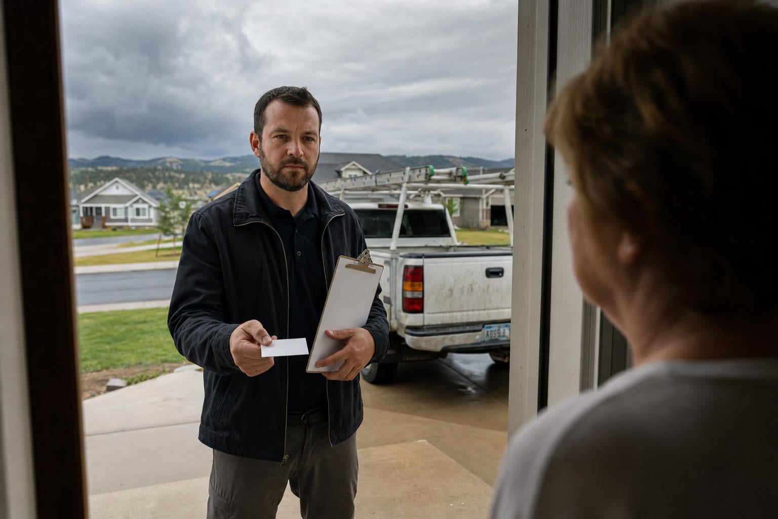 Storm chaser roofer red flags Rapid City SD Unfamiliar door-to-door roofer with unbranded clipboard and out-of-state pickup truck approaching a Rapid City SD home after a storm illustrating storm chaser red flags