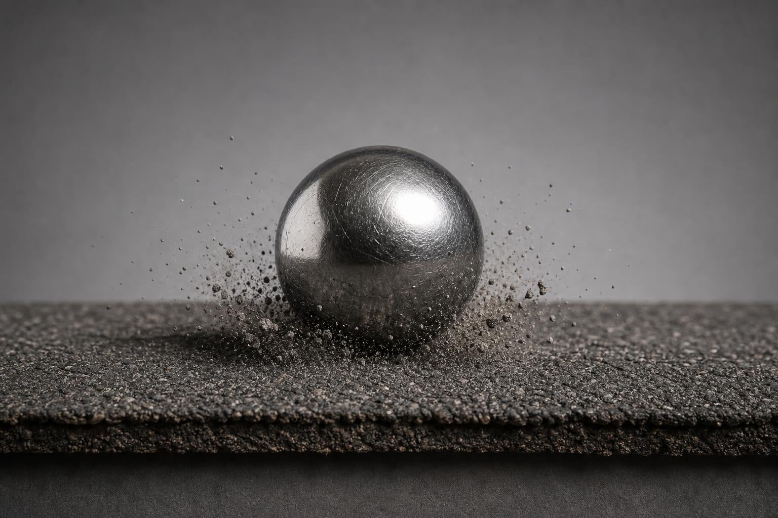 Two-inch steel ball striking the surface of an asphalt shingle in a UL 2218 impact-resistance lab test